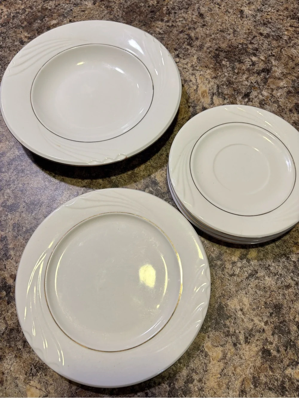 Elegant White Ceramic Dinnerware Bowl, saucers (3) with Gold Trim, salad plate1.